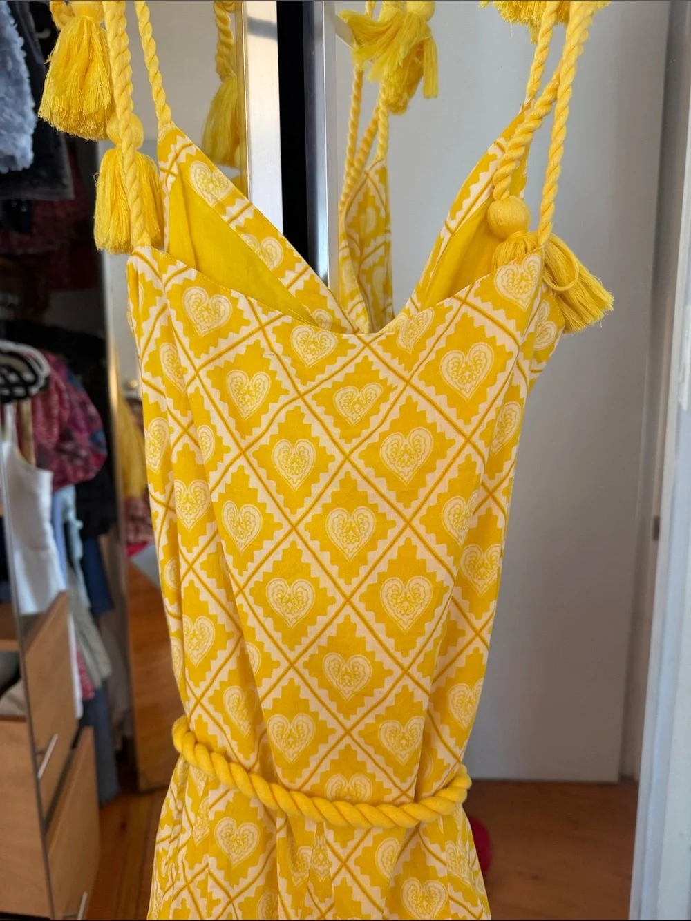 RHODE Yellow Printed Tie-Shoulder Sundress with Tassel Belt